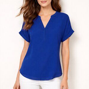 New York & Company Royal Blue V-Neck Blouse Medium Short Sleeve Dolman Top